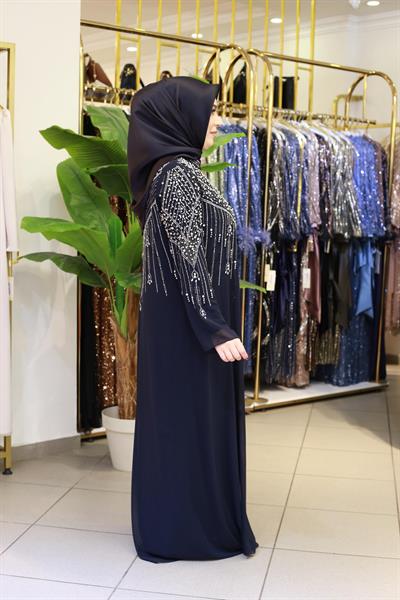 BEY702 İNCİLİ ABAYA TAKIM LACİVERT