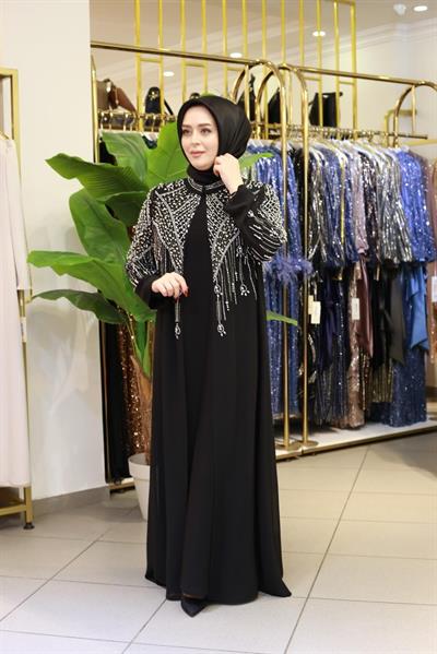 BEY702 İNCİLİ ABAYA TAKIM SİYAH