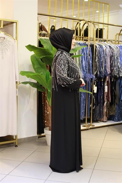 BEY702 İNCİLİ ABAYA TAKIM SİYAH