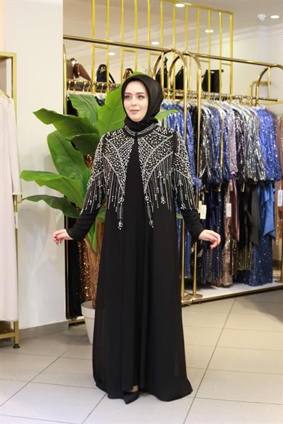 BEY702 İNCİLİ ABAYA TAKIM SİYAH