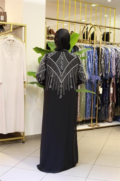 BEY702 İNCİLİ ABAYA TAKIM SİYAH