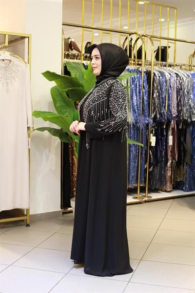 BEY702 İNCİLİ ABAYA TAKIM SİYAH