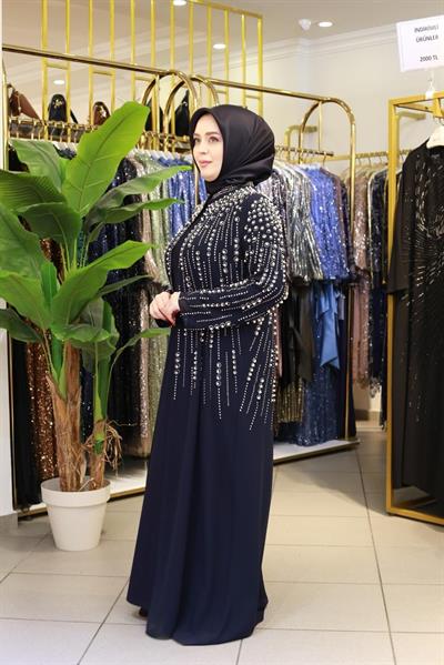BEY703 SIRA TAŞLI ABAYA TAKIM LACİVERT