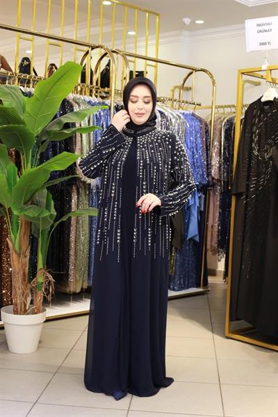 BEY703 SIRA TAŞLI ABAYA TAKIM LACİVERT