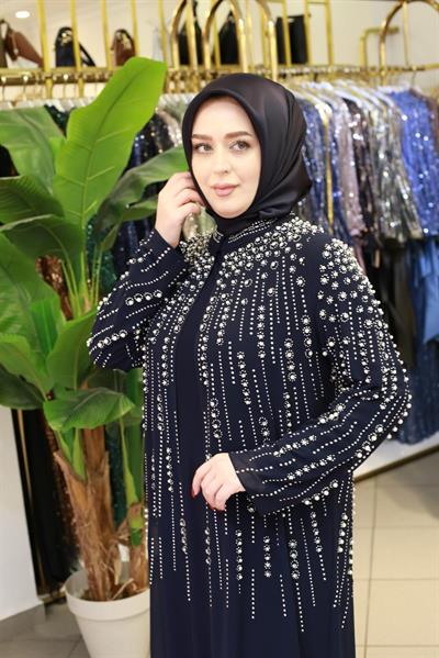 BEY703 SIRA TAŞLI ABAYA TAKIM LACİVERT