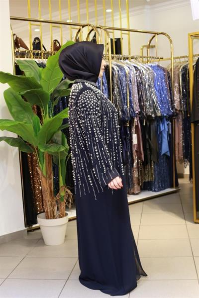 BEY703 SIRA TAŞLI ABAYA TAKIM LACİVERT