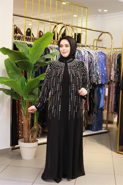 BEY703 SIRA TAŞLI ABAYA TAKIM SİYAH
