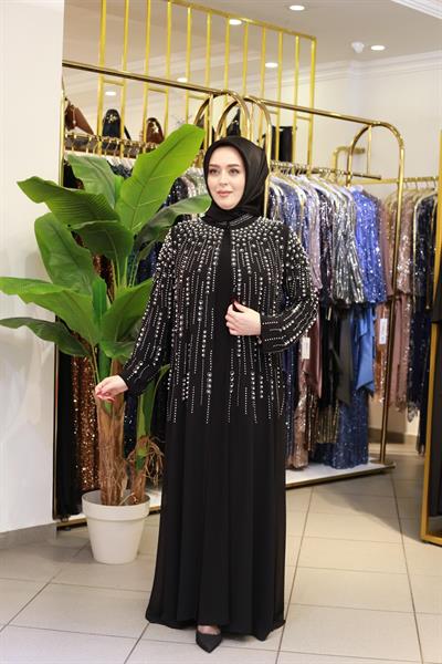 BEY703 SIRA TAŞLI ABAYA TAKIM SİYAH