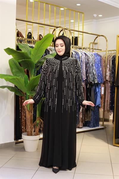 BEY703 SIRA TAŞLI ABAYA TAKIM SİYAH
