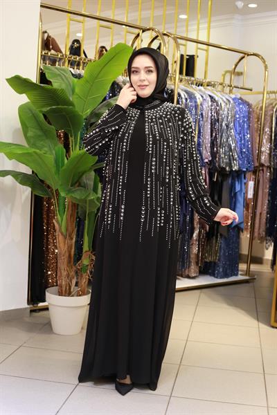 BEY703 SIRA TAŞLI ABAYA TAKIM SİYAH