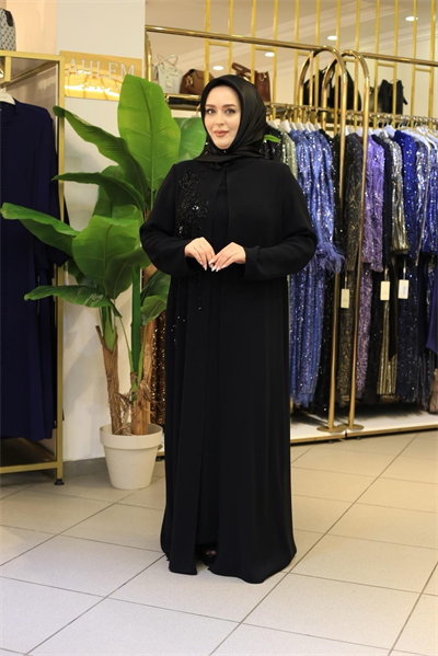 BEY801 KOD SIRA TAŞLI ABAYA TAKIM SİYAH