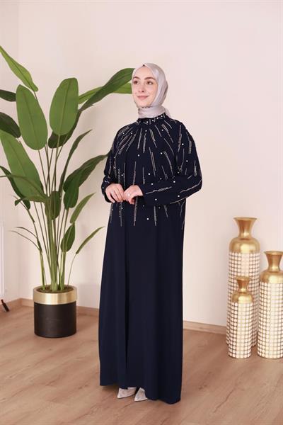 BEY802 KOD İNCİLİ ABAYA TAKIM LACİVERT
