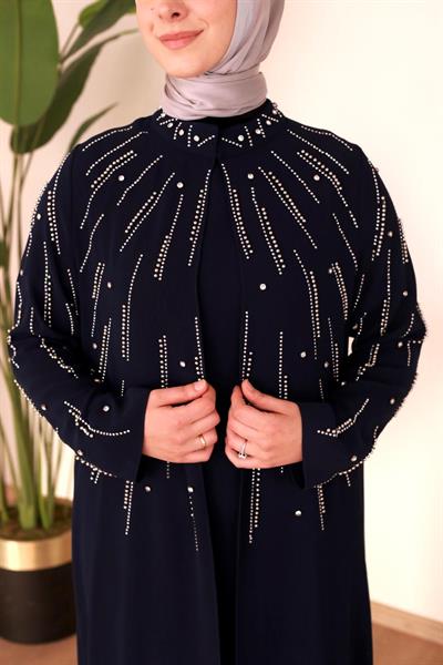 BEY802 KOD İNCİLİ ABAYA TAKIM LACİVERT