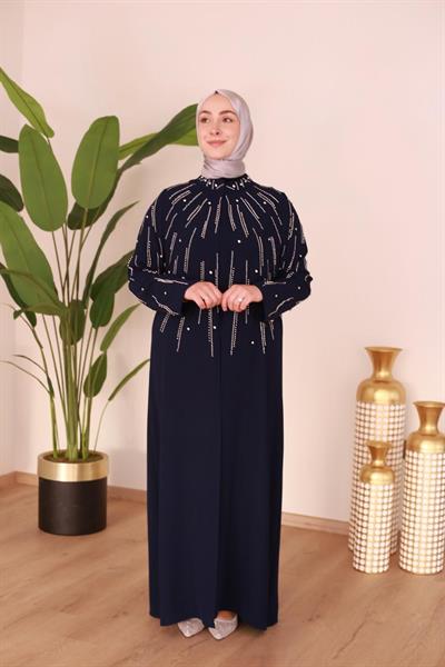 BEY802 KOD İNCİLİ ABAYA TAKIM LACİVERT