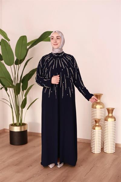 BEY802 KOD İNCİLİ ABAYA TAKIM LACİVERT