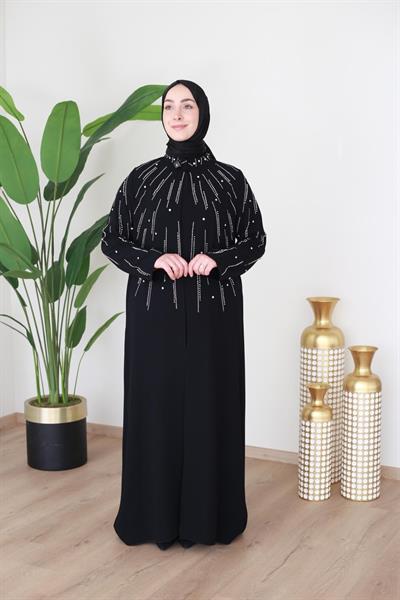 BEY802 KOD İNCİLİ ABAYA TAKIM SİYAH