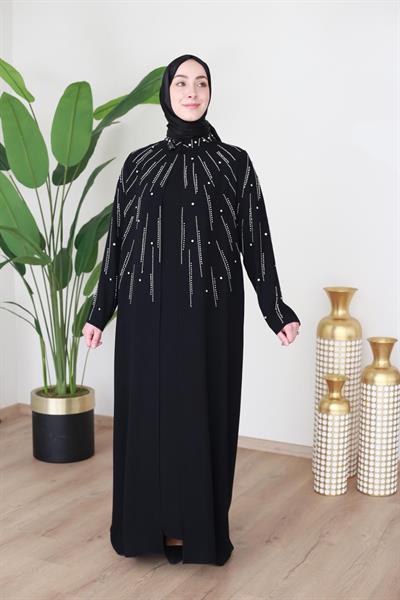 BEY802 KOD İNCİLİ ABAYA TAKIM SİYAH