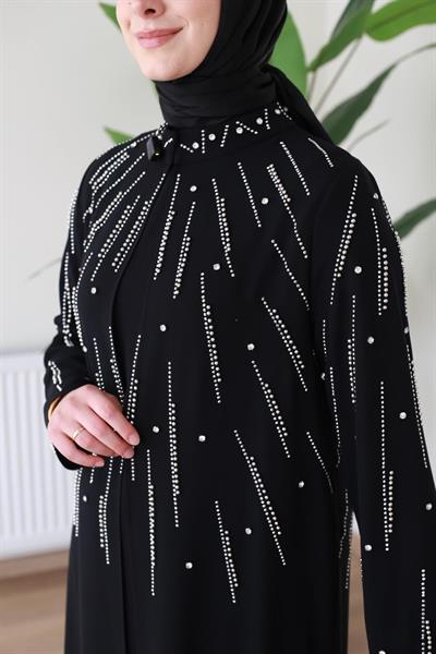 BEY802 KOD İNCİLİ ABAYA TAKIM SİYAH