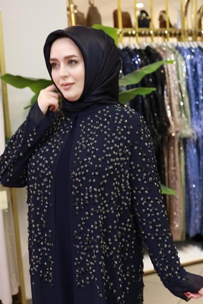 BEY805 KOD TAŞ BASKILI ABAYA TAKIM LACİVERT