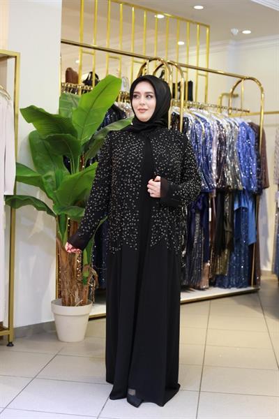 BEY805 KOD TAŞ BASKILI ABAYA TAKIM SİYAH