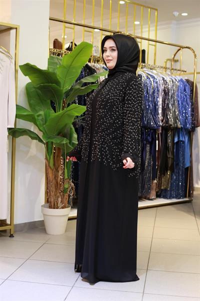 BEY805 KOD TAŞ BASKILI ABAYA TAKIM SİYAH