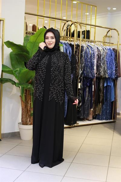 BEY805 KOD TAŞ BASKILI ABAYA TAKIM SİYAH