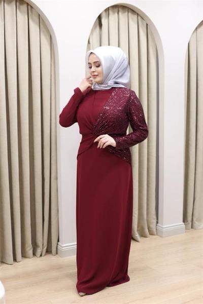 CNR5046 KOD PAYET GARNİLİ ELBİSE BORDO