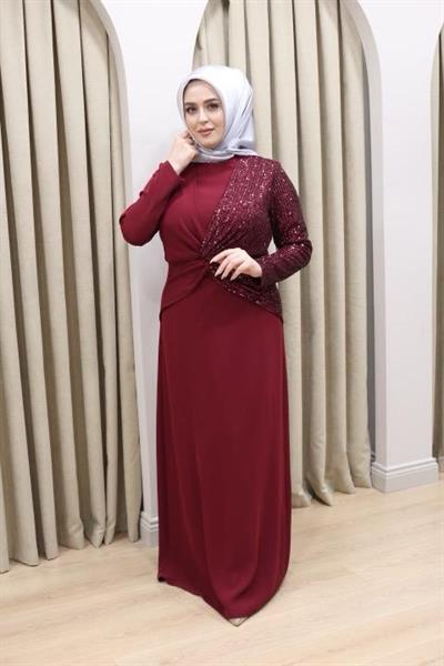 CNR5046 KOD PAYET GARNİLİ ELBİSE BORDO