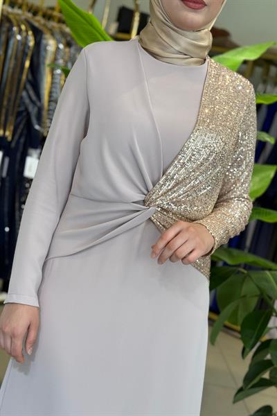 CNR5046 KOD PAYET GARNİLİ ELBİSE KREM