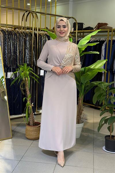 CNR5046 KOD PAYET GARNİLİ ELBİSE KREM