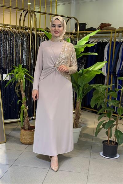 CNR5046 KOD PAYET GARNİLİ ELBİSE KREM