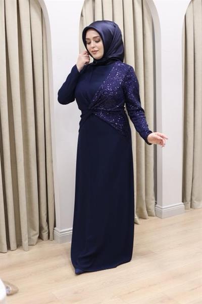 CNR5046 KOD PAYET GARNİLİ ELBİSE LACİVERT