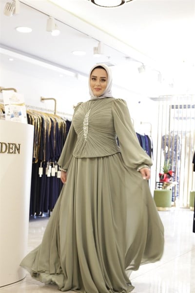 TAŞ DETAYLI DRAPELİ ABİYE ELBİSE 0068 KOD