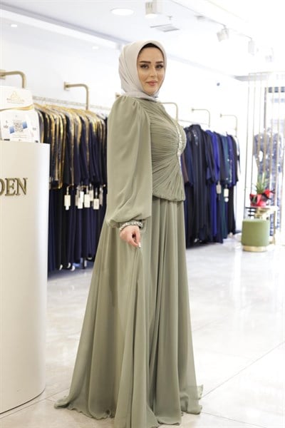 TAŞ DETAYLI DRAPELİ ABİYE ELBİSE 0068 KOD