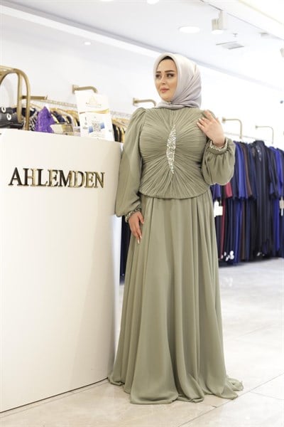 TAŞ DETAYLI DRAPELİ ABİYE ELBİSE 0068 KOD