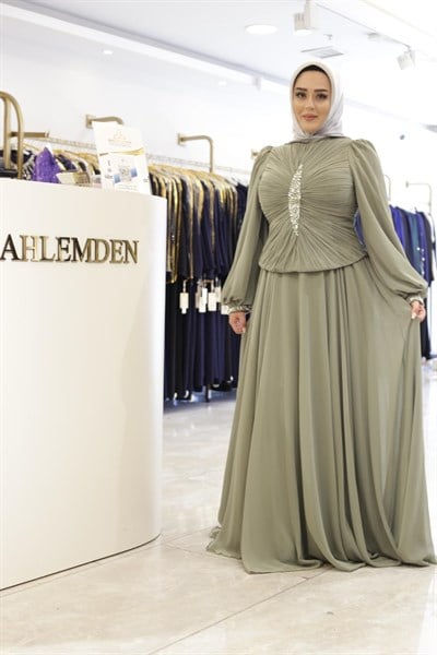 TAŞ DETAYLI DRAPELİ ABİYE ELBİSE 0068 KOD