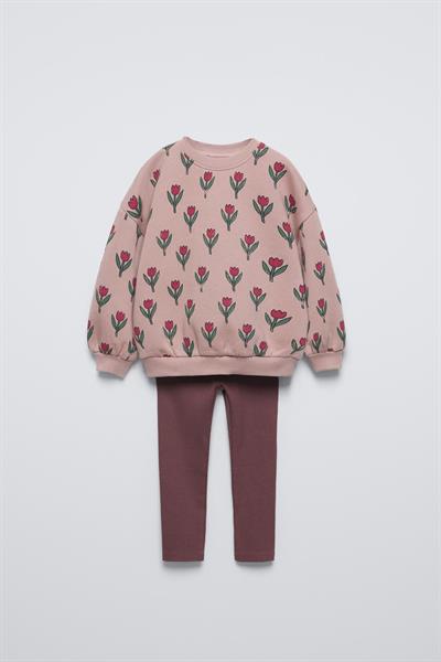 Kız Çocuk Çiçekli Sweatshirt Taytlı Alt-Üst Takım