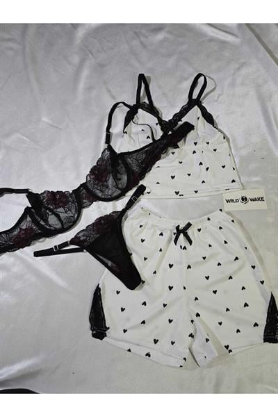 Kalp ve Dantel Detaylı Askılı Şort Pijama Takımı + Siyah Bordo Tül Balenli Sütyen Takımı Kombin