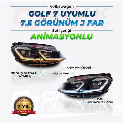 Golf 7 Uyumlu 7.5 Dizayn J Led Far (ANİMASYONLU)