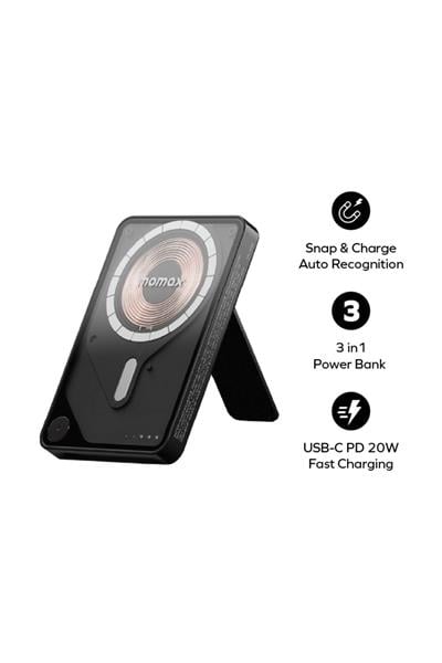 1-Power X Pro Magnetic Wireless Battery Pack (5000mAh) with Stand and Built-in USB-C Cable (Black)