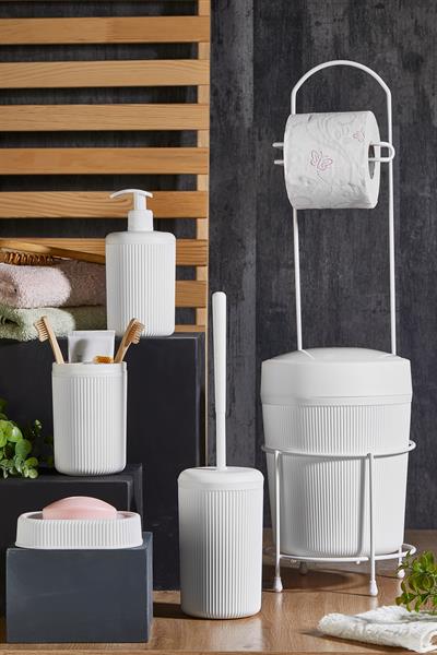 Beyaz 6 Parça Banyo Seti Metal Stantlı Çöp Kovalı Wc Kağıtlık Ve Tuvalet Fırçası Katı - Sıvı Sabunluk