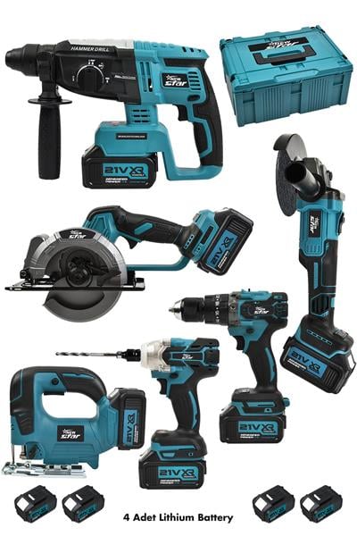 New Star 6'lı Set Şarjlı Darbeli Matkap Hilti Taşlama Somun Sıkma Dekupaj Testere Daire Testere Mavi