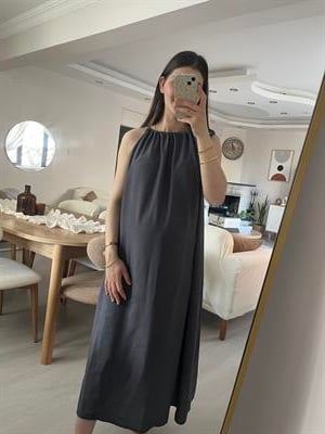 Füme Boyundan Bağlamalı Modal Elbise