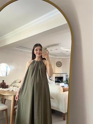 Haki Boyundan Bağlamalı Modal Elbise