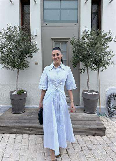 ÇİZGİLİ BAĞCIK DETAYLI MİDİ ELBİSE 