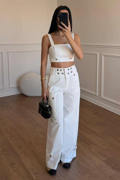 CROPTOP BLUZ APOLLETLİ PANTOLON TAKIM - BEYAZ