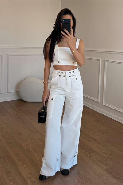 CROPTOP BLUZ APOLLETLİ PANTOLON TAKIM - BEYAZ