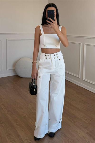 CROPTOP BLUZ APOLLETLİ PANTOLON TAKIM - BEYAZ