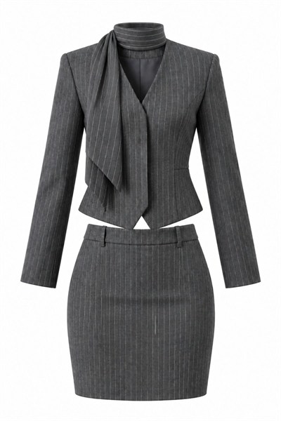 FULAR DETAYLI FİT BLAZER CEKET ETEK TAKIM 
