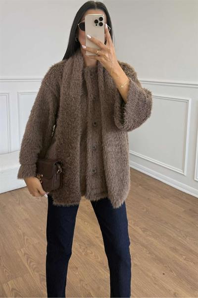 FULARLI PELUŞ KISA KABAN - KAHVE